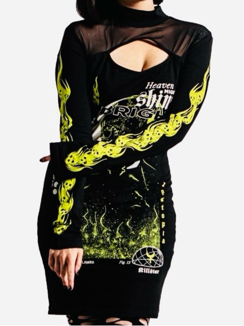 Killstar Black Dress with Neon Yellow Flames and cut out, Sheer accent
